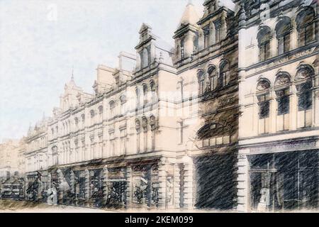 Plan d'art du marché de l'arrondissement de Halifax basé sur une ancienne carte postale noire et blanche de la salle du marché Banque D'Images