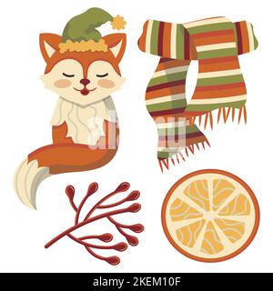 ensemble vectoriel de renard mignon en chapeau boules orange noël nouvel an Illustration de Vecteur