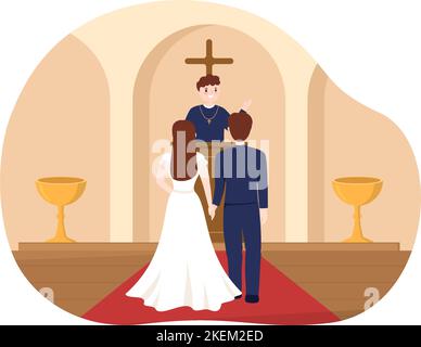 Cérémonie de mariage dans le bâtiment de l'église catholique de la cathédrale avec le couple heureux en dessin à la main de dessin à la main de dessin de dessin animé Illustration de Vecteur