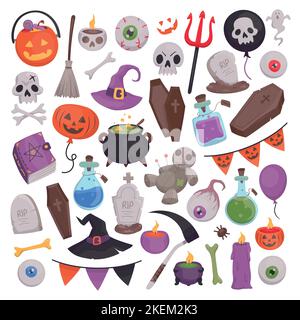 Halloween Celebration et sorcellerie objets liés. Collection d'illustrations dessinées à la main et de dessins animés vectoriels. Illustration de Vecteur