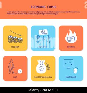 Affiche de crise économique et financière avec symboles et texte. Illustration vectorielle. Illustration de Vecteur