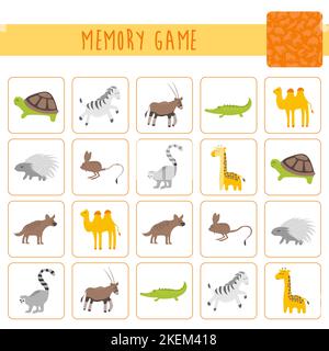 Jeu de mémoire pour les enfants d'âge préscolaire, cartes vectorielles avec des animaux africains. Trouvez deux images identiques. Page d'activités pour enfants pour le livre. Illustration de Vecteur