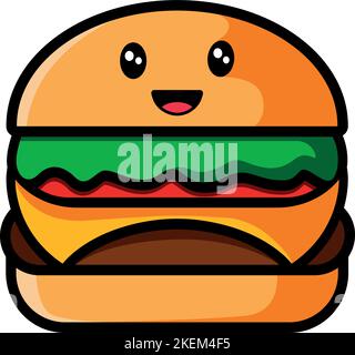 Un hamburger kawaii souriant isolé sur fond blanc Illustration de Vecteur