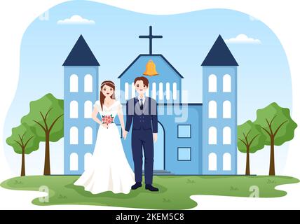 Cérémonie de mariage dans le bâtiment de l'église catholique de la cathédrale avec le couple heureux en dessin à la main de dessin à la main de dessin de dessin animé Illustration de Vecteur