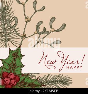 Carte de vœux de joyeux Noël et de bonne année avec feuilles et baies de houx dessinées à la main et branches de GUI. Fond coloré festif. Vecteur Illustration de Vecteur