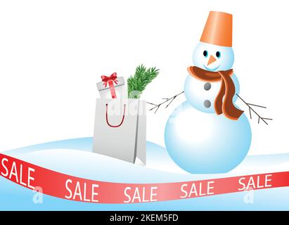 Bonhomme de neige dans un déneigement, sac de shopping, concept de vente de Noël et du nouvel an, shopping. Achat de cadeaux de vacances. Offre spéciale. Solde pour la nouvelle année Illustration de Vecteur