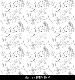 Un dessin de ligne continue avec un visage féminin, feuilles. Motif sans couture vectoriel. Illustration de Vecteur