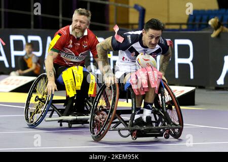 Lewis King d'Angleterre en action pendant le match de demi-finale de la Ligue de rugby en fauteuil roulant à l'EIS Sheffield. Date de la photo: Dimanche 13 novembre 2022. Banque D'Images