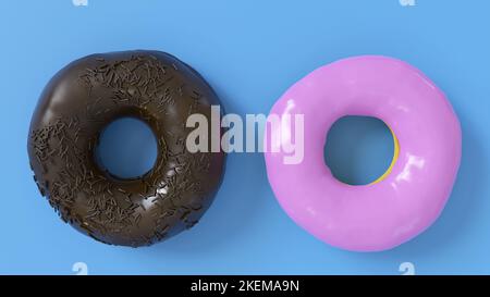 Chocolat noir et savoureux beignets roses sur fond bleu. Banque D'Images