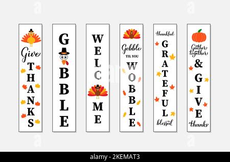 Mise en place des affiches verticales de Thanksgiving Décorations de Thanksgiving. Ensemble d'affiches de porche de bienvenue. Modèle vectoriel. Illustration de Vecteur