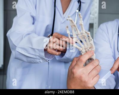 Le modèle humain de squelette de main ou de poignet sur le bureau pointant par un médecin mâle adulte fournit des connaissances au médecin féminin. Deux médecins en uniformes blancs t Banque D'Images