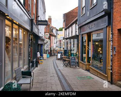 Boutiques dans l'étroite rue piétonne Lower Goat Lane de Norwich, Norfolk, Royaume-Uni. Banque D'Images