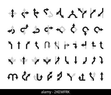 Flèches de direction. Chemin de carrefour routier signalisation routière de navigation, plat simple pointeurs de navigation noir formes différentes. Scénario isolé ensemble de choisir l'illustration de la route Illustration de Vecteur