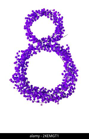 Égalité des sexes et symbole de la JIF. Huit chiffres violets faits de fleurs de printemps mimosa branches isolées sur blanc Banque D'Images