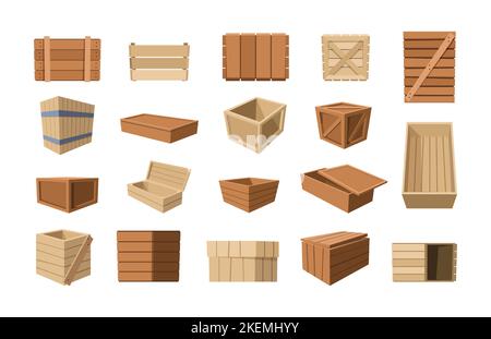 Conteneur en bois. Entrepôt de dessins animés avec caisses en bois palettes conteneurs pour la livraison de marchandises, distribution de marché emballage. Ensemble vectoriel de bois de conteneur pour entrepôt Illustration de Vecteur