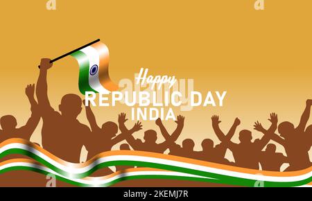 Affiche pour la célébration de la Fête de la République, fond dégradé, ruban de couleur de drapeau indien ondulé, foule Illustration de Vecteur