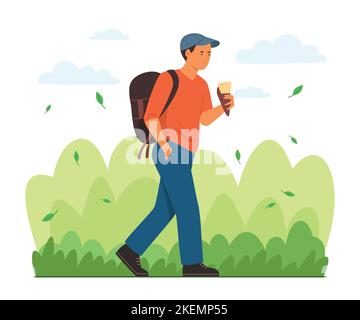 Backpacker Man se promener dans le parc public Illustration de Vecteur