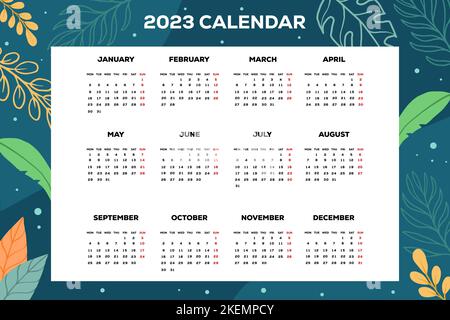 modèle de calendrier de la nouvelle année 2023 avec arrière-plan de feuilles dessinées à la main Illustration de Vecteur