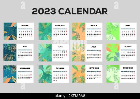 modèle de calendrier de la nouvelle année 2023 avec feuilles dessinées à la main Illustration de Vecteur
