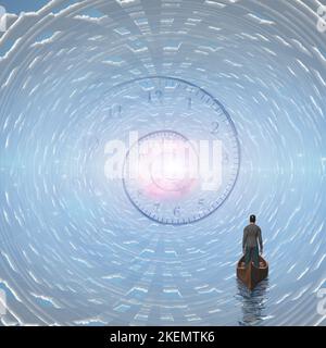 Homme en bateau flottant dans le tunnel des nuages. 3D rendu Banque D'Images