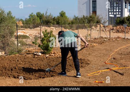 Dans le jardin l'homme qui rake. Banque D'Images