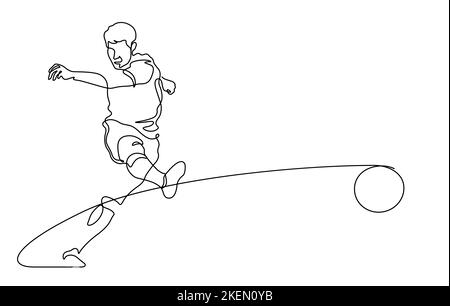 un joueur de football frappe une balle en un long passage, le tir, salvo pour une illustration vectorielle de l'art de la ligne de but. Style de dessin de ligne continue isolé sur fond blanc Illustration de Vecteur