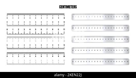 Règles métalliques réalistes avec échelle en centimètres noirs pour mesurer la longueur ou la hauteur. Diverses échelles de mesure avec divisions. Règle, mètre à ruban Illustration de Vecteur