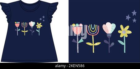 Fleurs patren avec étoiles t-shirt graphique dessin vectoriel illustration fichier numérique impression d'écran, vêtements pour enfants, mode pour enfants, art vectoriel, t-shirts graphiques, Illustration de Vecteur