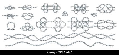 Ensemble de nœuds de corde. Boucles nautiques, de voyage et décoratives. Cordon torsadé Illustration de Vecteur