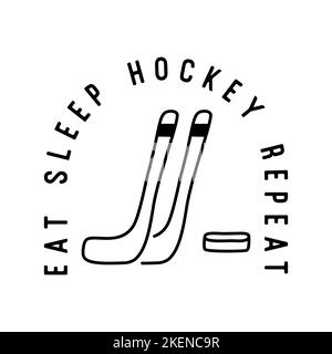 Motif de l'insigne de noël de Camping de montagne avec équipement de hockey dans le style art de la ligne et citation Eat Sleep hockey Repeat. Logos de voyage. Vecteur de brut Illustration de Vecteur