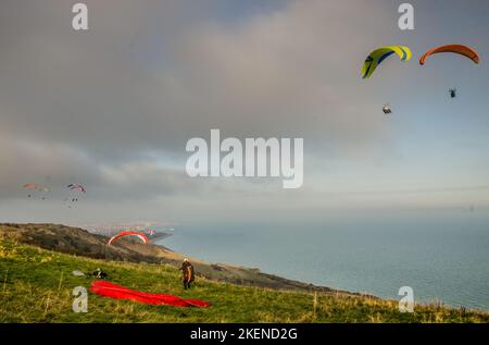 Beachy Head, Eastbourne, East Sussex, Royaume-Uni. 13th novembre 2022. Le vent du sud ramène les pilotes de parapente sur le site glorieux des Sussex Downs à l'ouest d'Eastbourne. Crédit : David Burr/Alay Live News Banque D'Images