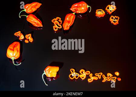 Capsicum chinense 'scotch Bonnet' entier et coupé sur fond noir Banque D'Images