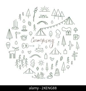 Campez sur le cadre rond, le gabarit. Illustrations en ligne avec arbre, pin, forêt, tente, animaux. Illustration de Vecteur