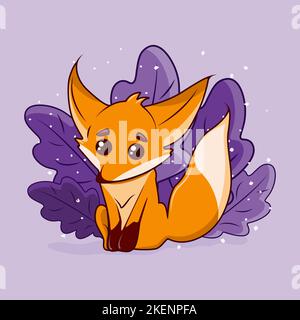 Joli dessin animé Fox avec des feuilles sur fond violet. Illustration de Vecteur