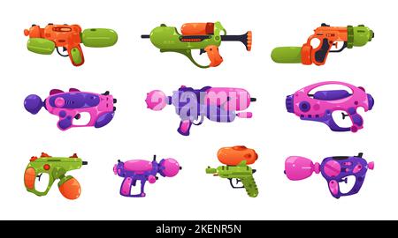 Arme à eau. Pistolets jouets en plastique pour enfants de style plat, pistolet de jeu pour enfants avec pistolets à pompe à pulvérisation humide. Collection vectorielle colorée isolée Illustration de Vecteur