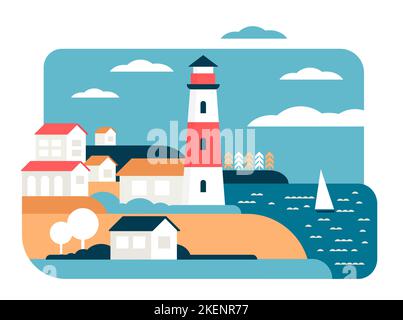 Phare dans un paysage simple minimal de ville côtière illustration vectorielle. Silhouettes de dessins animés de la tour de balise et des maisons sur la plage, en voilier dans les vagues, ville dans le port avec des formes minimalistes Illustration de Vecteur