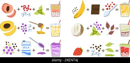 Recettes de thé à bulles avec des fruits, de la glace et des feuilles de menthe. Des boissons asiatiques sucrées, des ingrédients crus et des perles. Menu de la barre de vecteur décente isolé de dessin animé Illustration de Vecteur