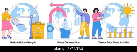 Réduire la réutilisation, le recyclage, la consommation d'eau, le partage des données climatiques et le concept d'utilisation avec les personnages. Conservez le pack d'illustrations Planet. Progr. De l'augmentation du cycle Illustration de Vecteur