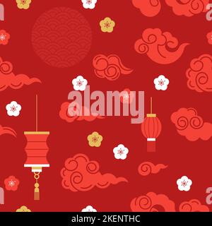 Motifs chinois oriental ou japonais sans coutures. Décorations asiatiques traditionnelles florales, géométriques, avec nuages, symboles de bon augure. Illustration de Vecteur