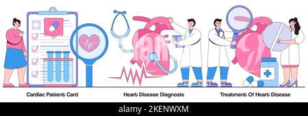 Carte de patient cardiaque, diagnostic de maladie cardiaque, et concept de traitement avec des personnages de personnes. Pack d'illustrations vectorielles Heart Attack. Test sanguin, hosit Illustration de Vecteur