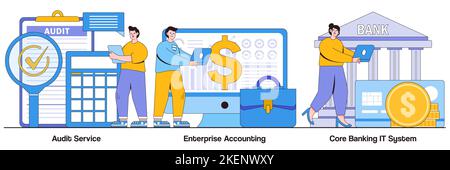 Service d'audit, comptabilité d'entreprise, concept de système INFORMATIQUE bancaire de base avec des personnages de personnes. Pack d'illustrations Business Finance. Société de conseil, f Illustration de Vecteur