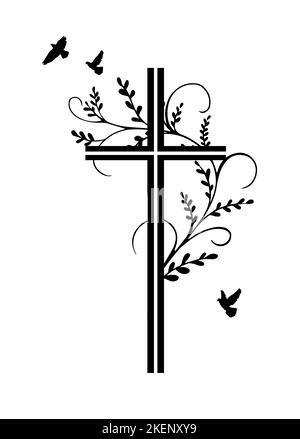 Croix religieuse noire avec une branche et des oiseaux. Illustration vectorielle Illustration de Vecteur