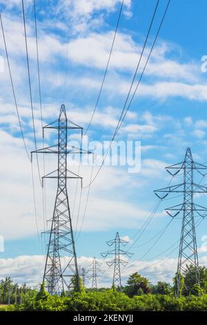 Tours de transmission d'électricité sur le terrain en été. Banque D'Images