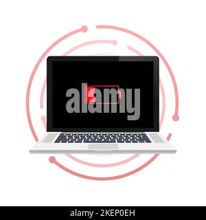 Ordinateur portable avec icône de batterie faible à l'écran. Illustration du stock vectoriel. Illustration de Vecteur