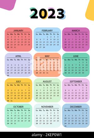 Calendrier de poche vertical sur 2023 ans, carré arc-en-ciel. Modèle de calendrier couleur pour les affaires Illustration de Vecteur