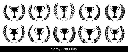 Ensemble d'icônes en glyphe noir à couronne de Laurier. 1st 2nd 3rd place différente forme gagnant prix. Champion prix emblème héraldique. Coupes de trophées de la victoire. Symbole du meilleur choix. Affiches de championnat Illustration de Vecteur