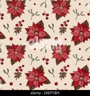 Motif joyeux Noël et joyeux nouvel an sans coutures avec fleurs en poinsettia. Illustration vectorielle dans le style d'esquisse. Fond festif Illustration de Vecteur