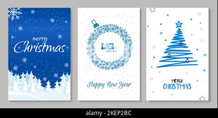 Ensemble de cartes Merry Christmas, dessinées à la main. Arbres de Noël bleus, et flocons de neige. Illustration de Vecteur