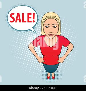 Dessin animé Illustration d'une jeune femme en blouse rouge sourit avec le signe de vente. Illustration de Vecteur