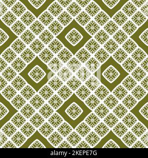 Motif géométrique sans couture avec fleurs abstraites, carrés, grille. Texture simple en vert et blanc. Origine ethnique tribale. Banque D'Images